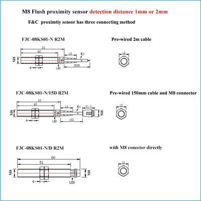 12-24VDC PNP NO تشخیص فلزی سنسور القایی M8 فلش